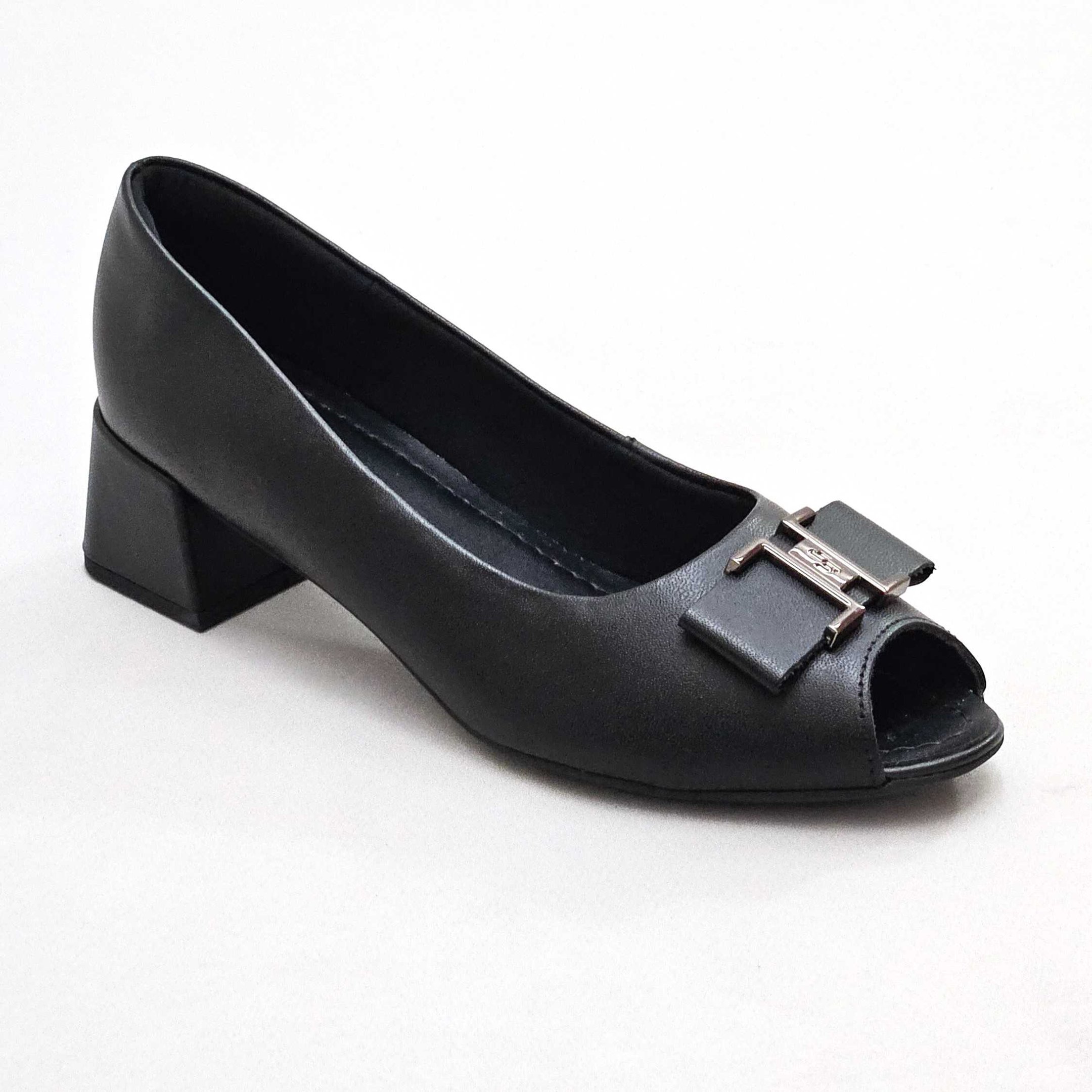 Sapato Usaflex Peep Toe Em Couro Salto Bloco