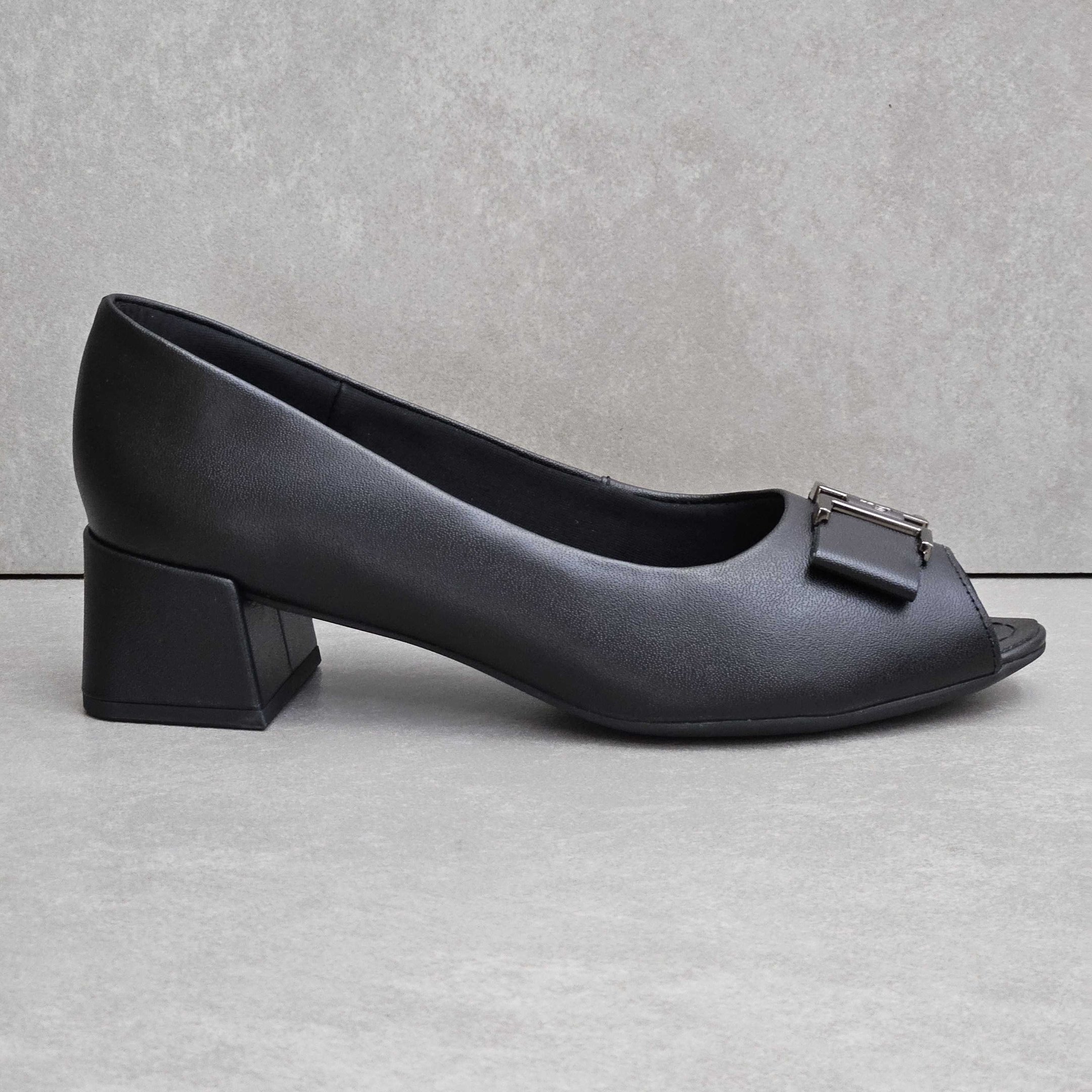 Sapato Usaflex Peep Toe Em Couro Salto Bloco Preto 2