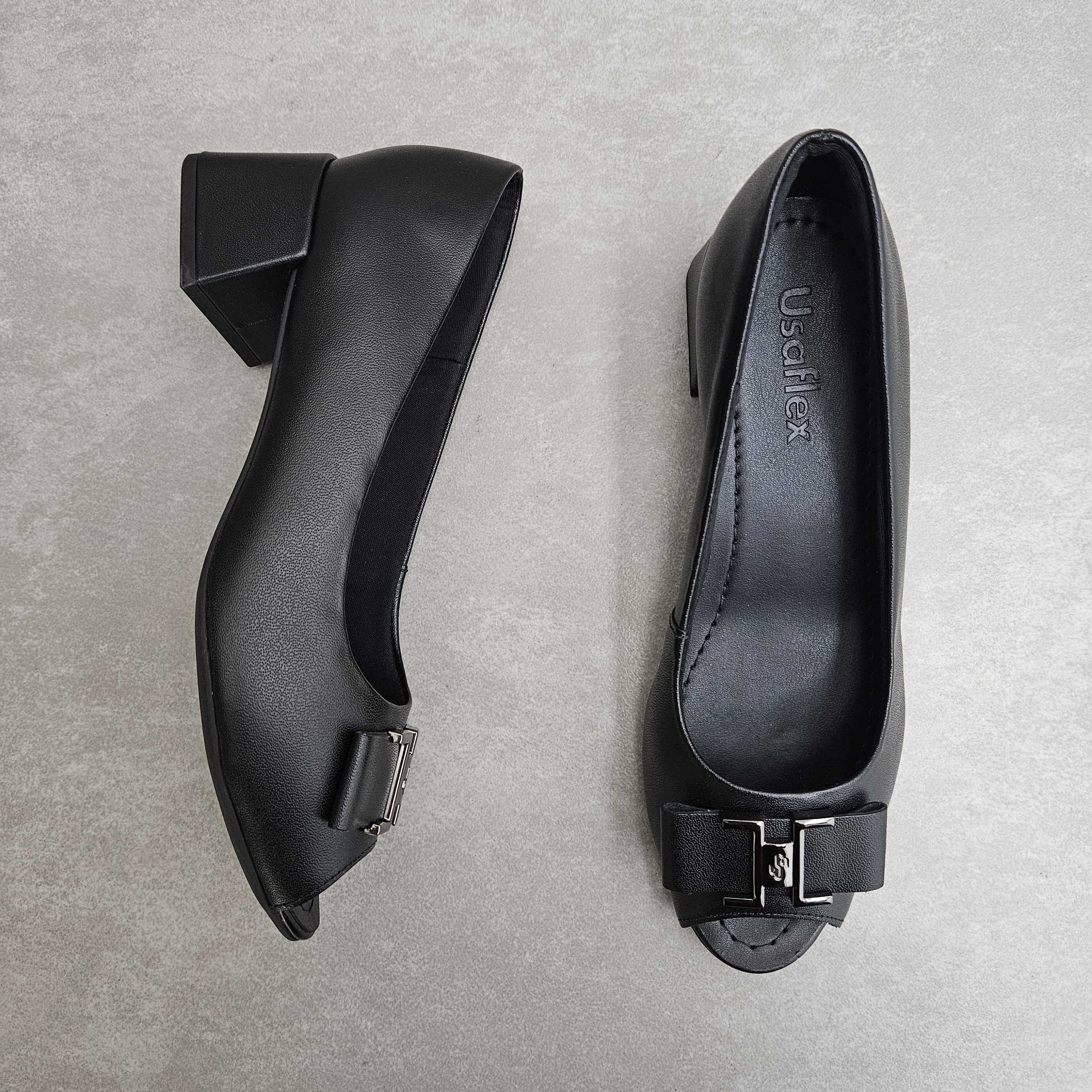 Sapato Usaflex Peep Toe Em Couro Salto Bloco Preto 3