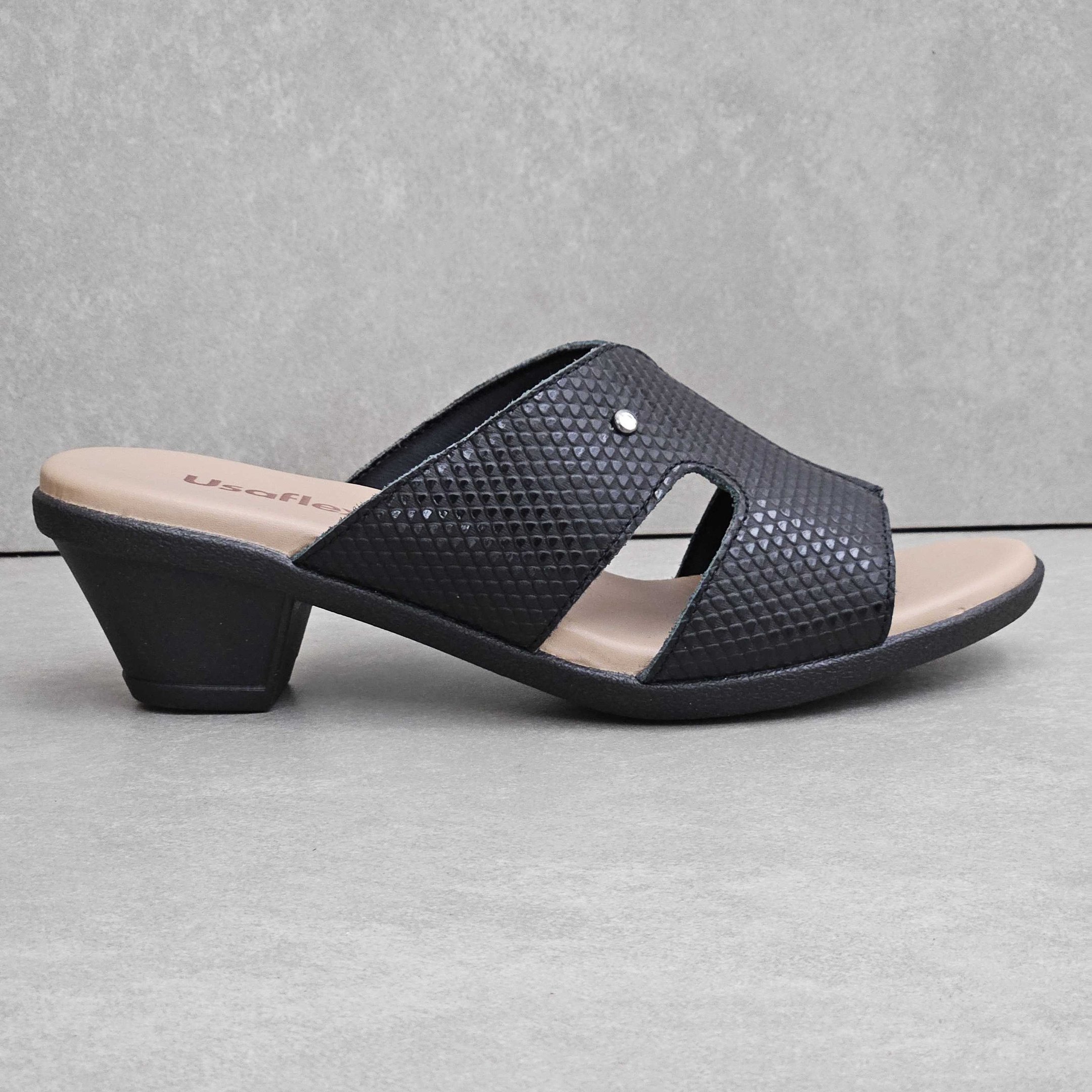 Tamanco Usaflex Gáspea Em Couro Salto Bloco Preto 2