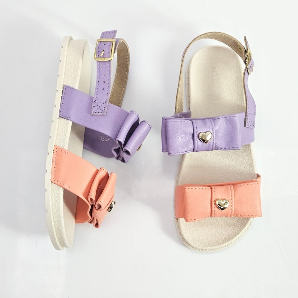 Sandália Infantil Menina Molekinha Duas Tiras Laço Fivela Lilás/Coral 2