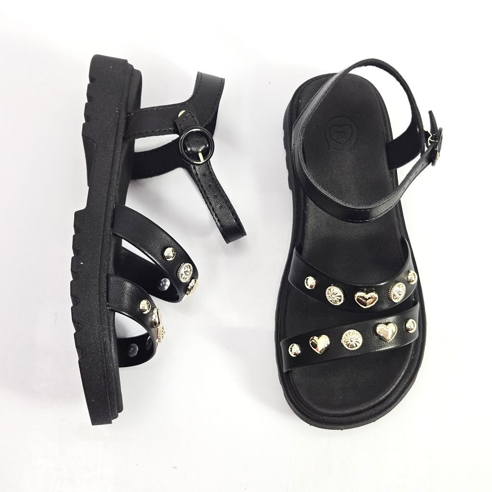 Sandália Infantil Menina Molekinha Tratorada Flat Apliques Preto 2