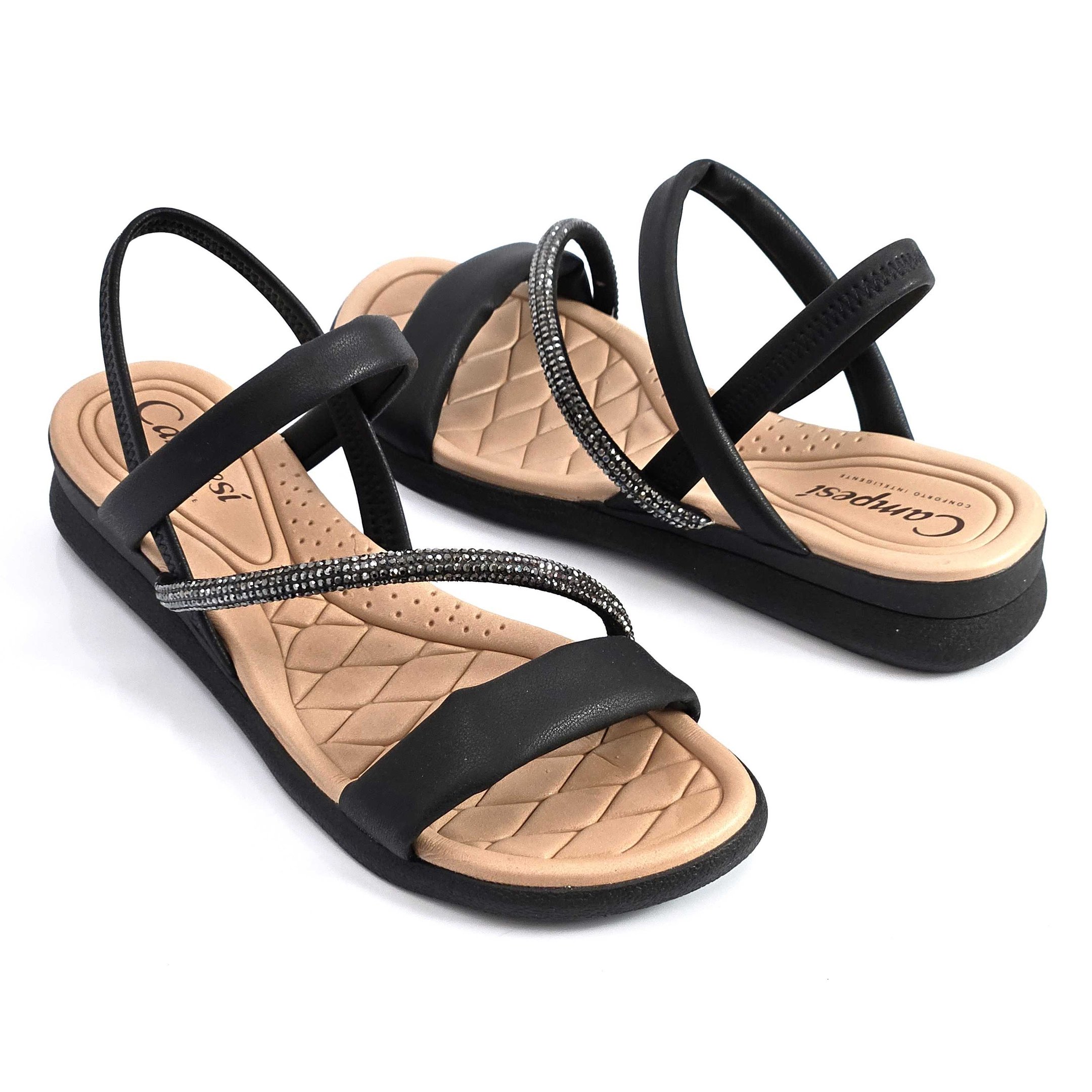 Sandália Feminina Confortável Campesí Strass Anabela Preto 2