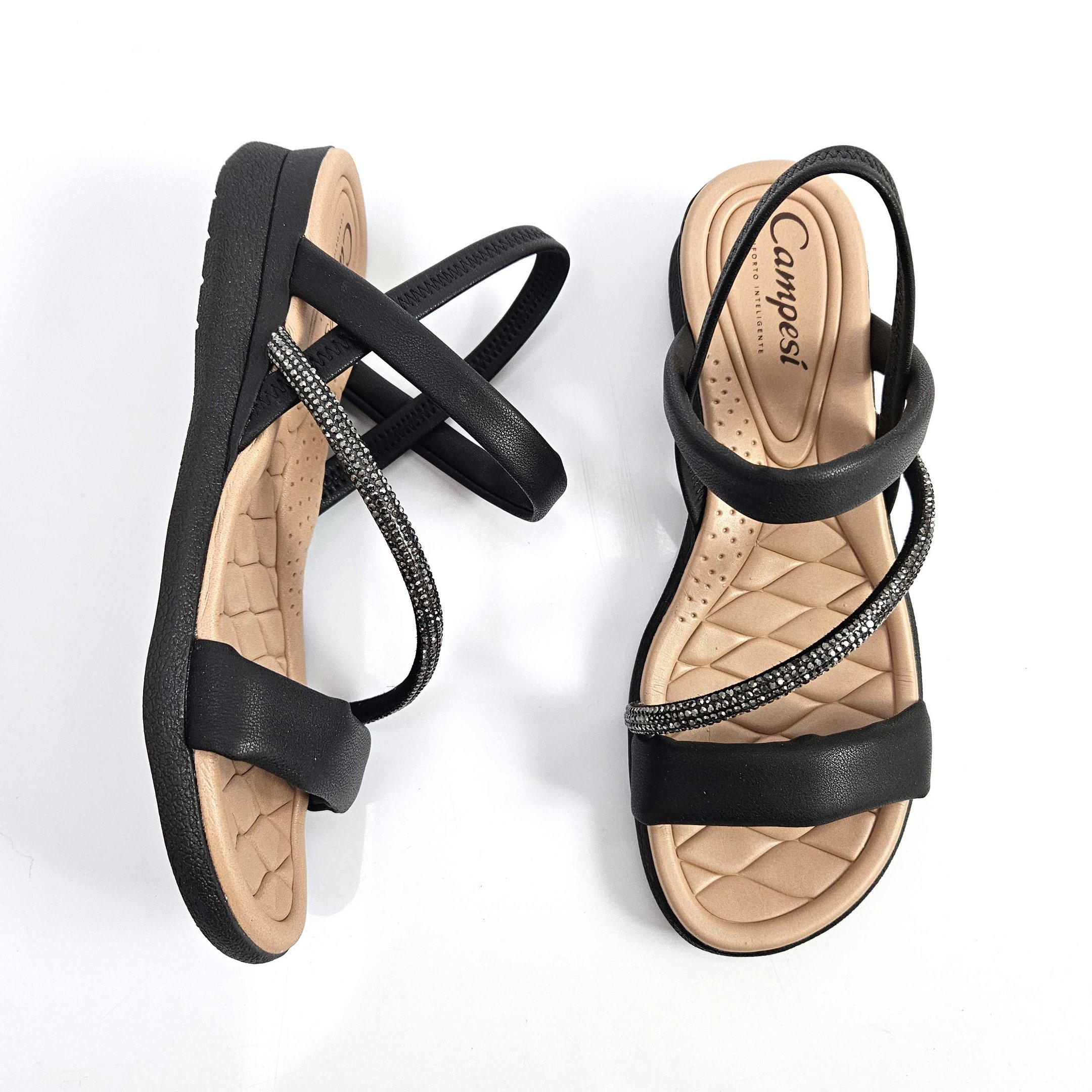 Sandália Feminina Confortável Campesí Strass Anabela Preto 3