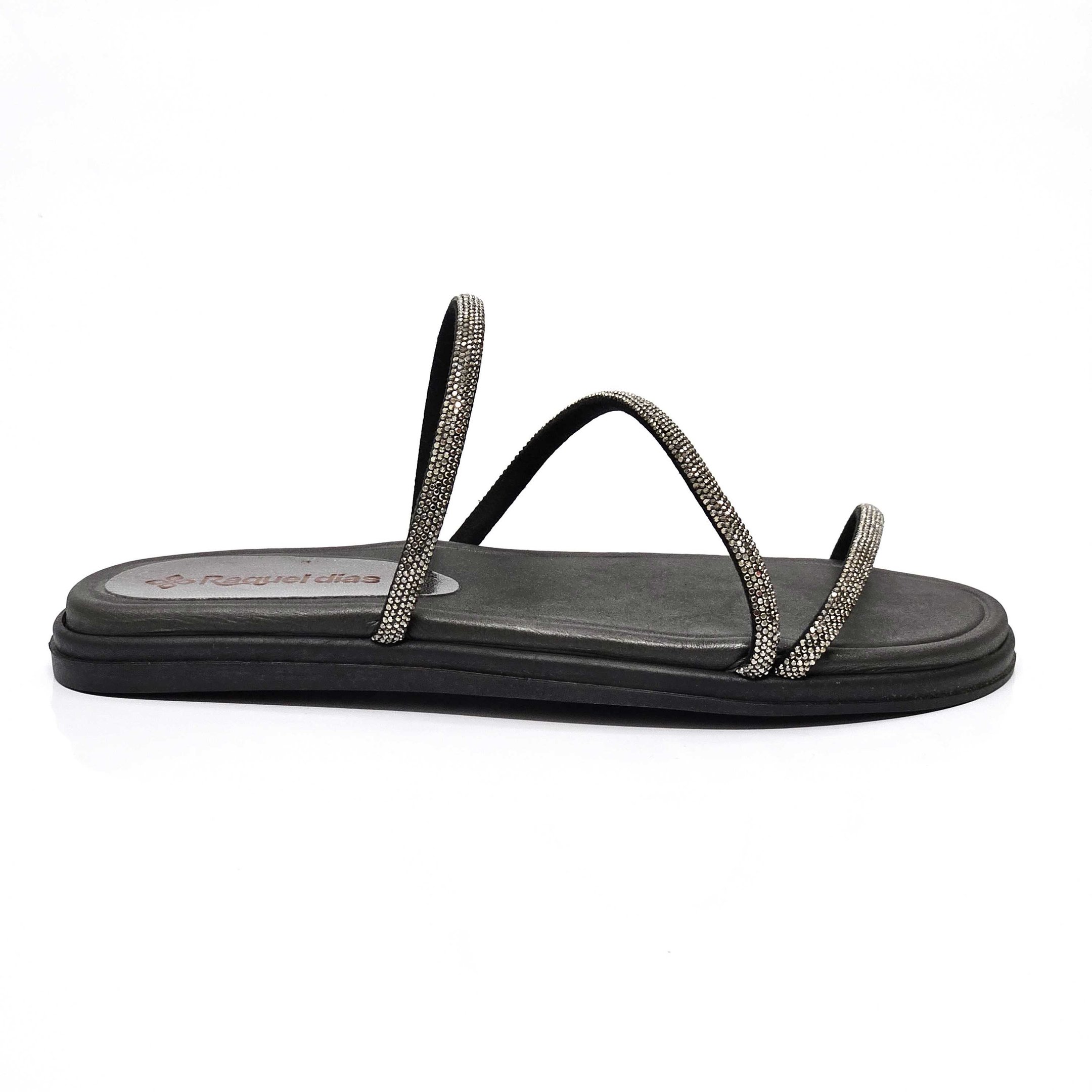 Rasteira Raquel Dias Flat 3 Tiras Strass