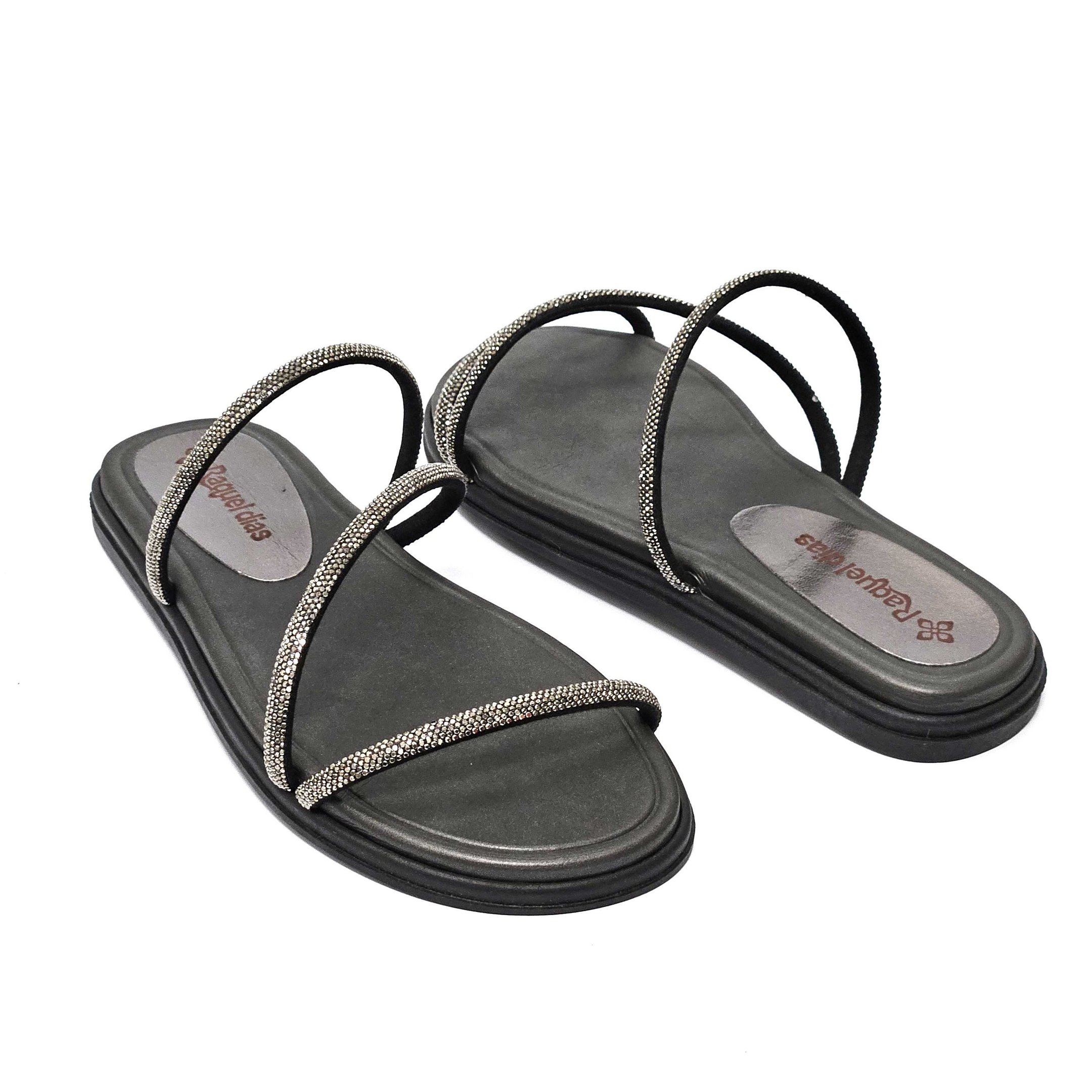 Rasteira Raquel Dias Flat 3 Tiras Strass Grafite 2