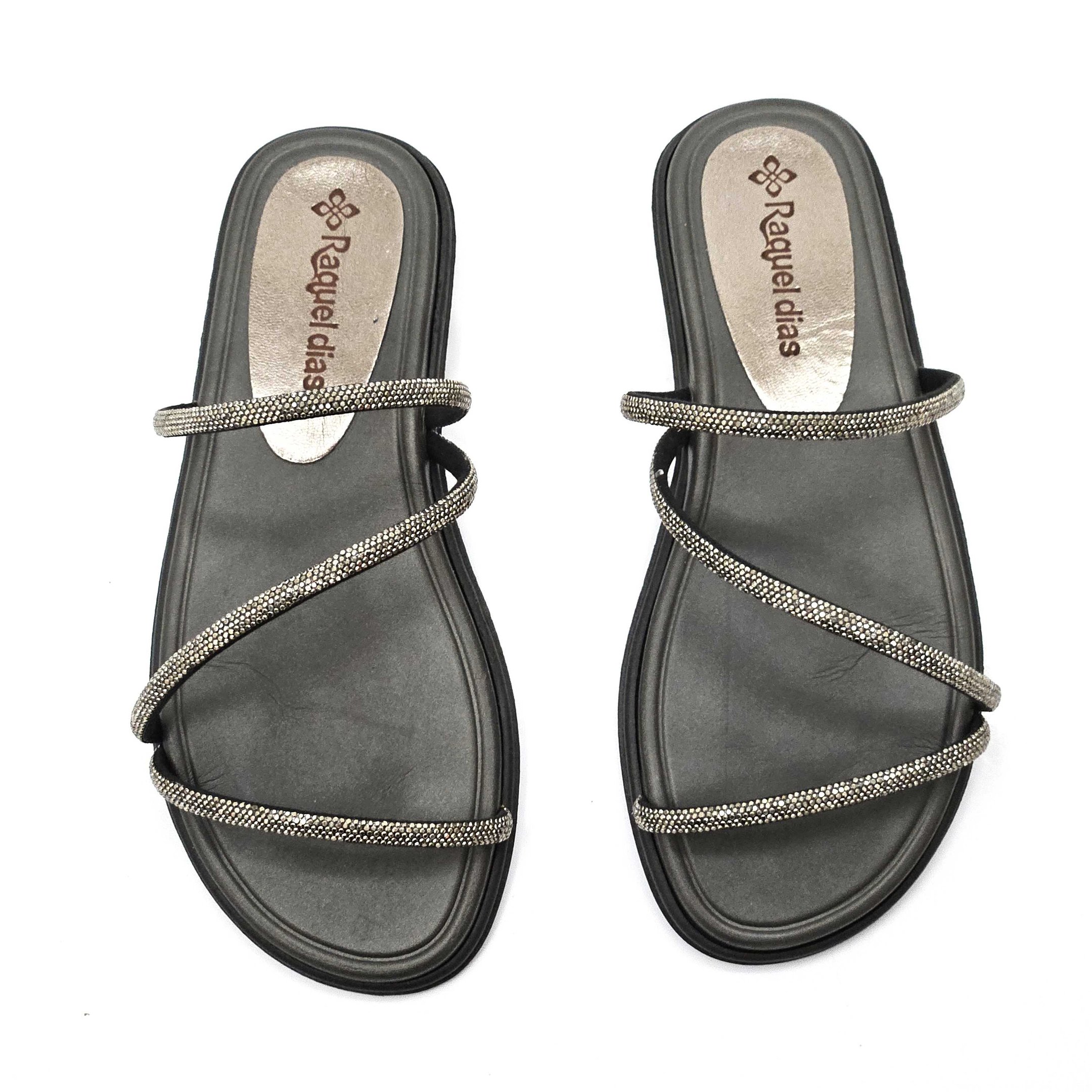 Rasteira Raquel Dias Flat 3 Tiras Strass Grafite 3