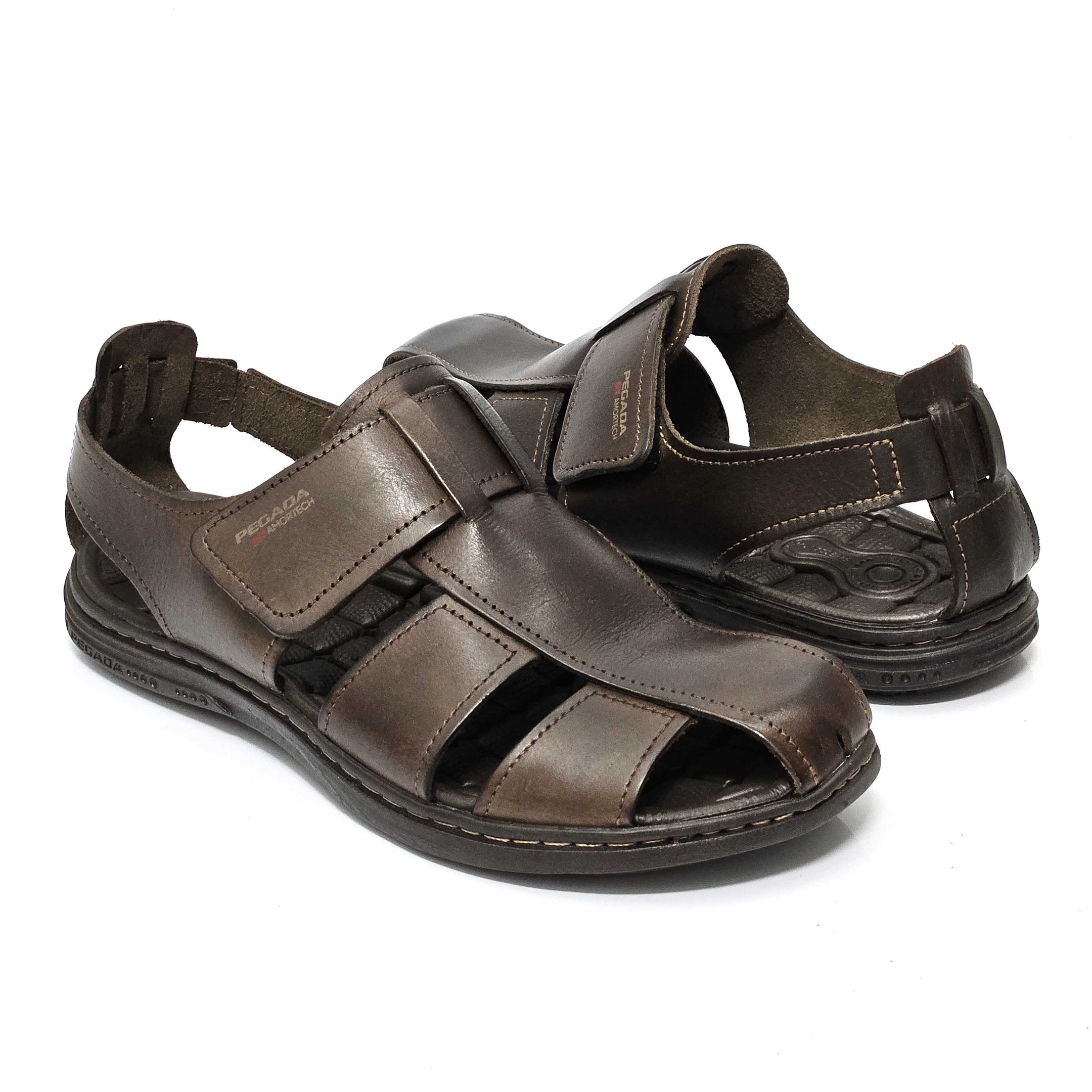 Sandália Masculina Pegada Fechada Em Couro Cravo 2