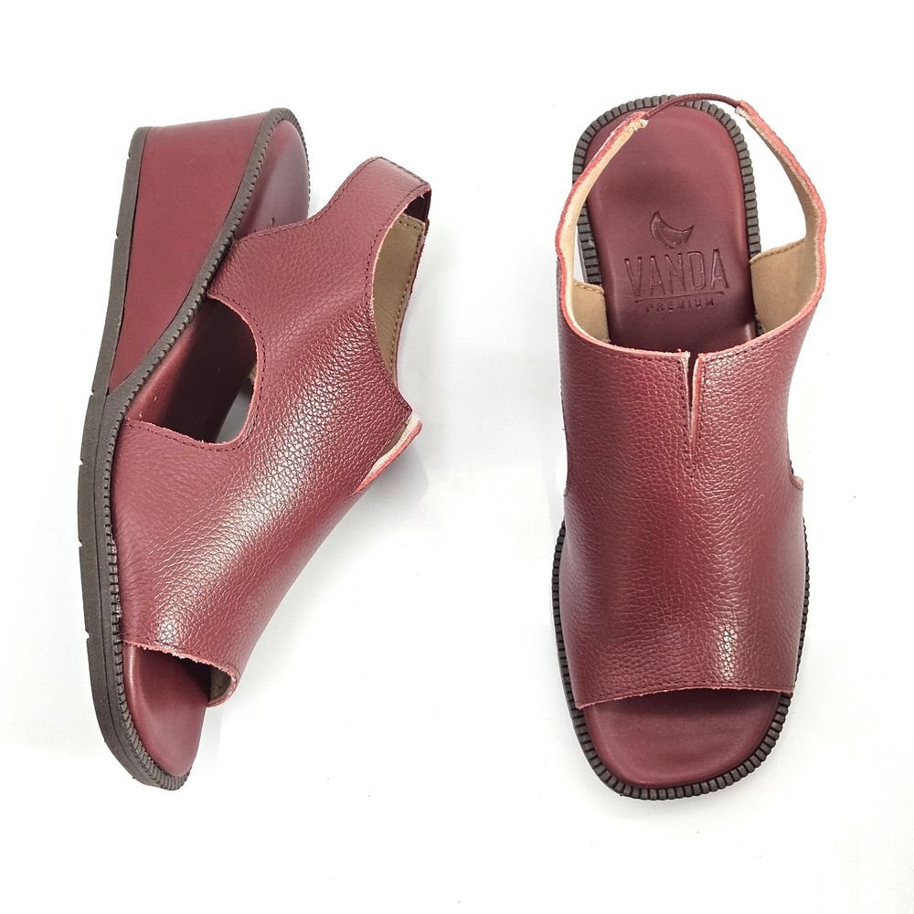 Sandália Feminina Couro Salto Anabela Calce Fácil Vinho 2
