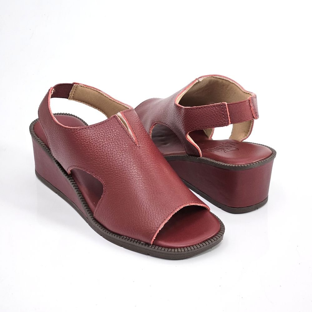 Sandália Feminina Couro Salto Anabela Calce Fácil Vinho 3