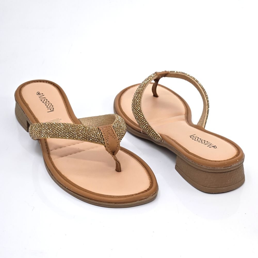 Tamanco Feminino Mississipi Dedo Strass Salto Baixo Dourado 3