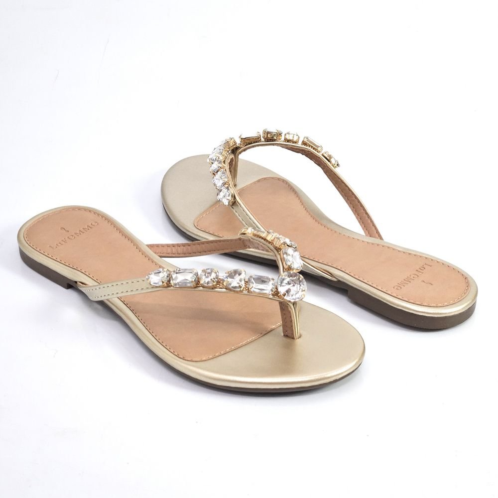 Chinelo Rasteira La Femme Elegance Dedo Pedraria Dourado 3
