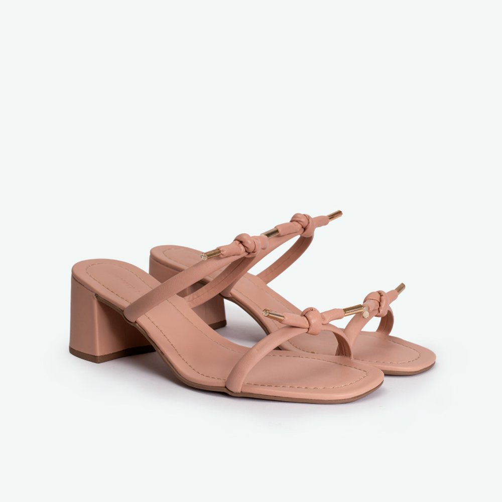 Sandália duas Tiras com nó e metais na ponta Salto Bloco bege Rosa - 39 Rosa 5