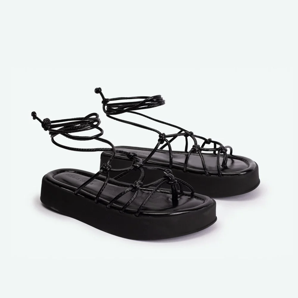 Sandália Rasteira com Salto Flat gladiadora Preto - 39 Preto 5