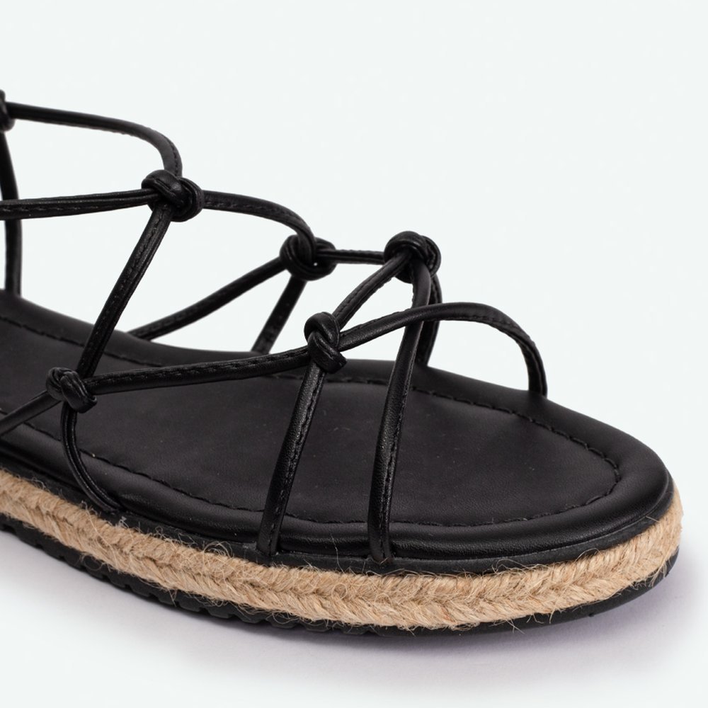 Sandália Rasteira com Salto Flat e detalhes em palha aplicados PRETO Preto - 39 Preto 3