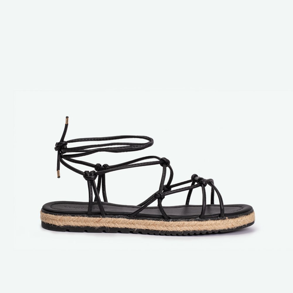 Sandália Rasteira com Salto Flat e detalhes em palha aplicados PRETO Preto - 39 Preto 4