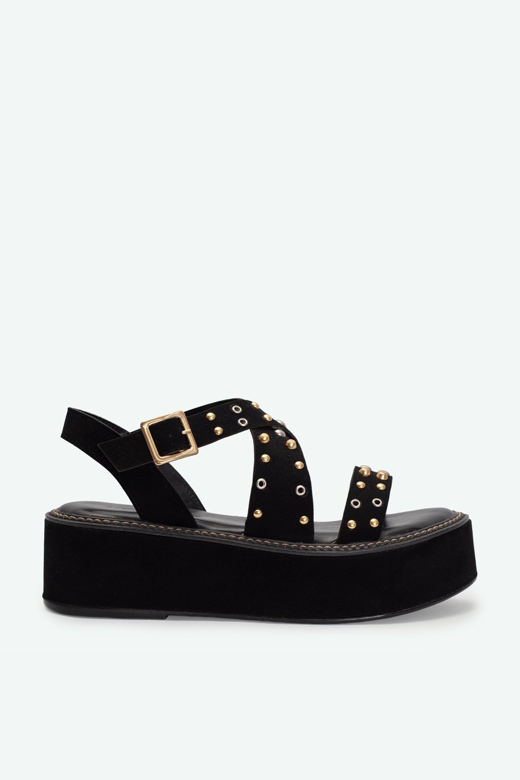 Sandália Plataforma Tamanco Tira Grossa com Fivela Regulável Salto 5cm Detalhe Rebite Preto