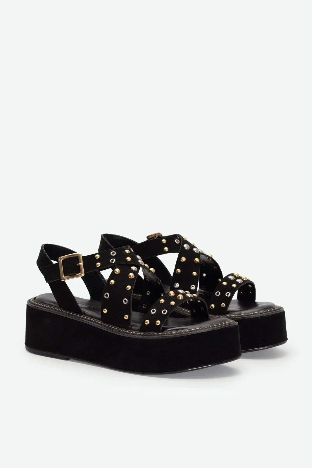 Sandália Plataforma Tamanco Tira Grossa com Fivela Regulável Salto 5cm Detalhe Rebite Preto Preto 2