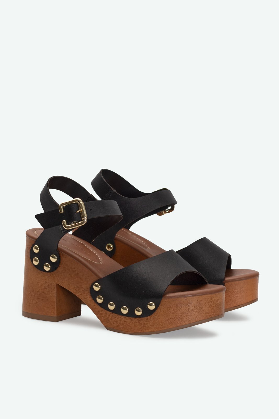 Sandália Tamanco Tira Grossa com Fivela Regulável Salto Madeira Bloco Alto 9cm Intense Aurora Pregos Metálicos Firme Confortável Preto 2