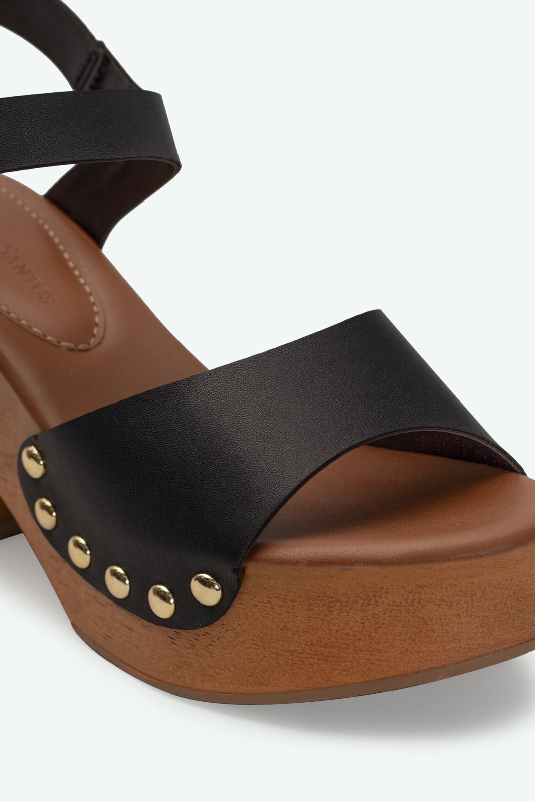 Sandália Tamanco Tira Grossa com Fivela Regulável Salto Madeira Bloco Alto 9cm Intense Aurora Pregos Metálicos Firme Confortável Preto 3