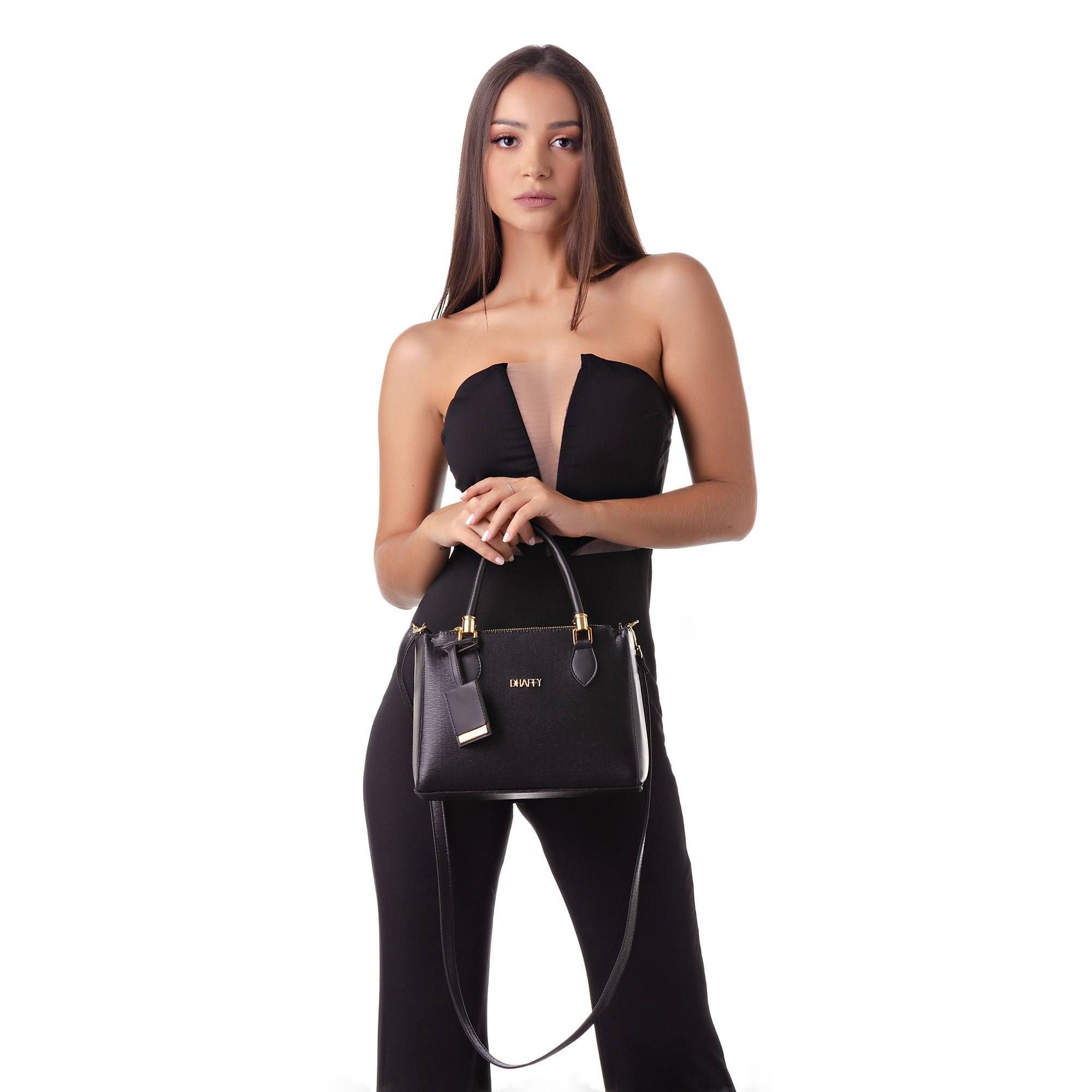Bolsa Feminina Transversal Média Com Carteira Dhaffy Champanhe Preto 3
