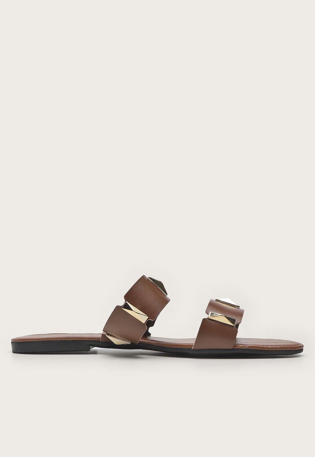 Sandália Rasteira Feminina com Spike Dourado Marrom 4