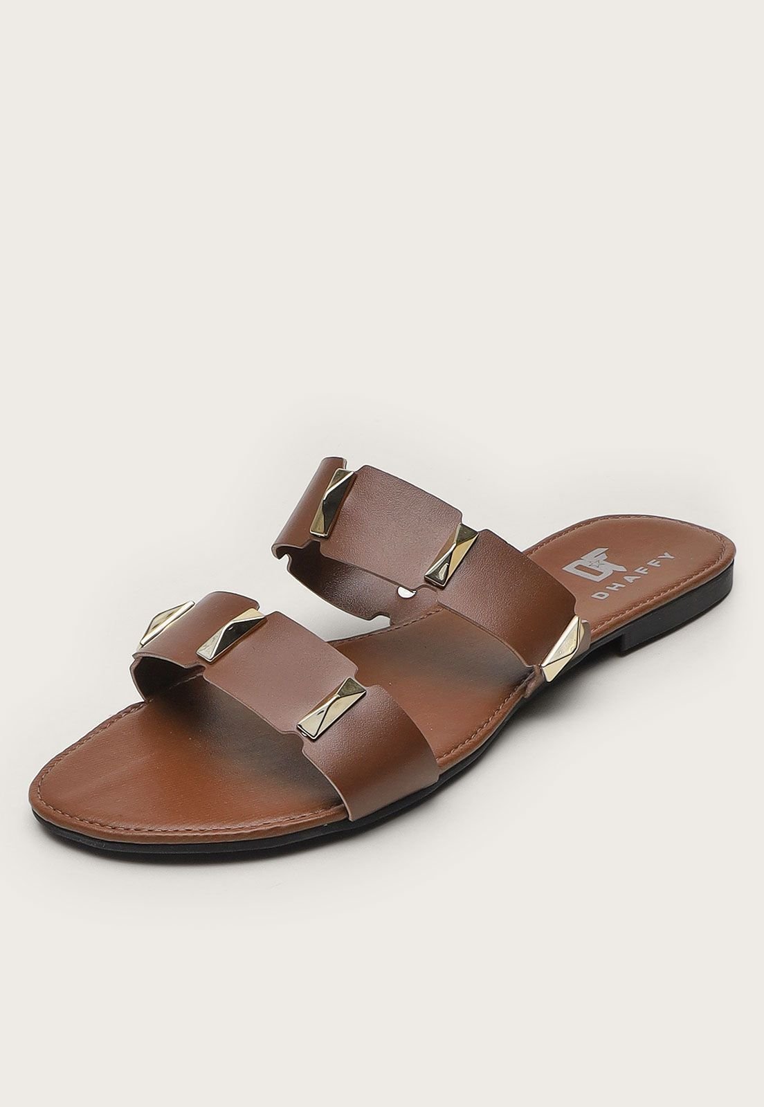 Sandália Rasteira Feminina com Spike Dourado Marrom 1