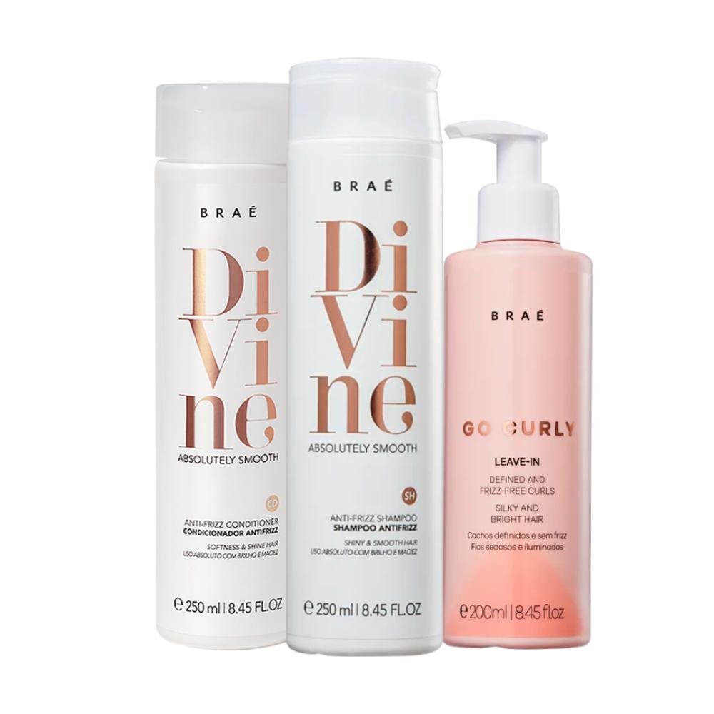 Kit Braé Divine Shampoo 250ml, Condicionador 250ml, Leave-in Go Curly 200ml (3 produtos) ÚNICO 1