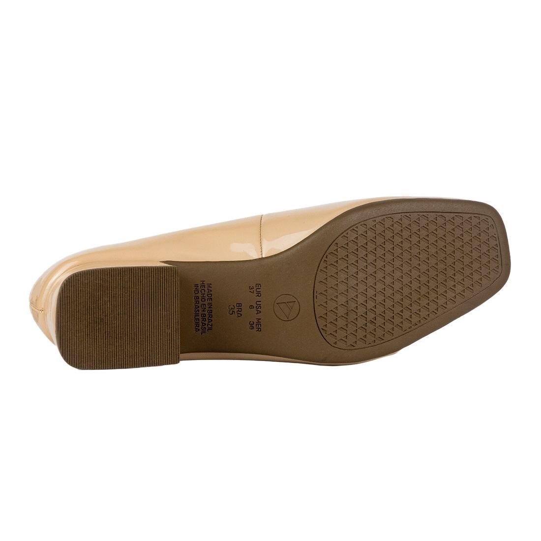 Scarpin Via Uno Salto Baixo Bloco Verniz Nude Bege 4