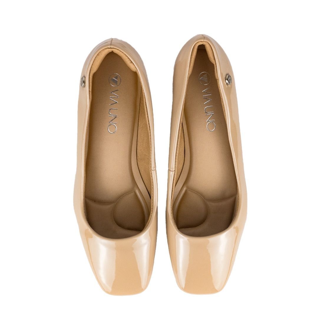 Scarpin Via Uno Salto Baixo Bloco Verniz Nude Bege 5