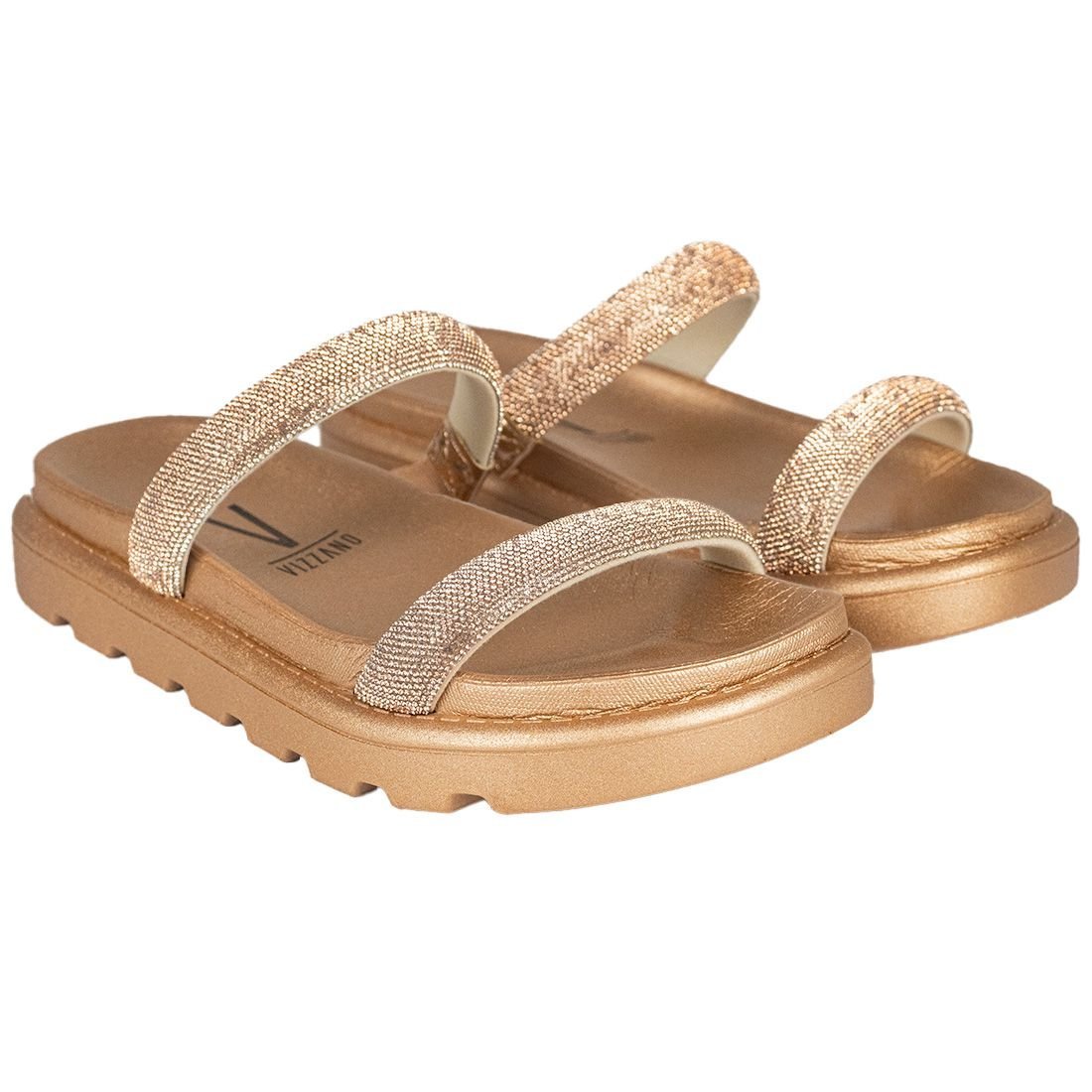 Sandália Papete Vizzano Flat Form Três Tiras Metal Bege 2