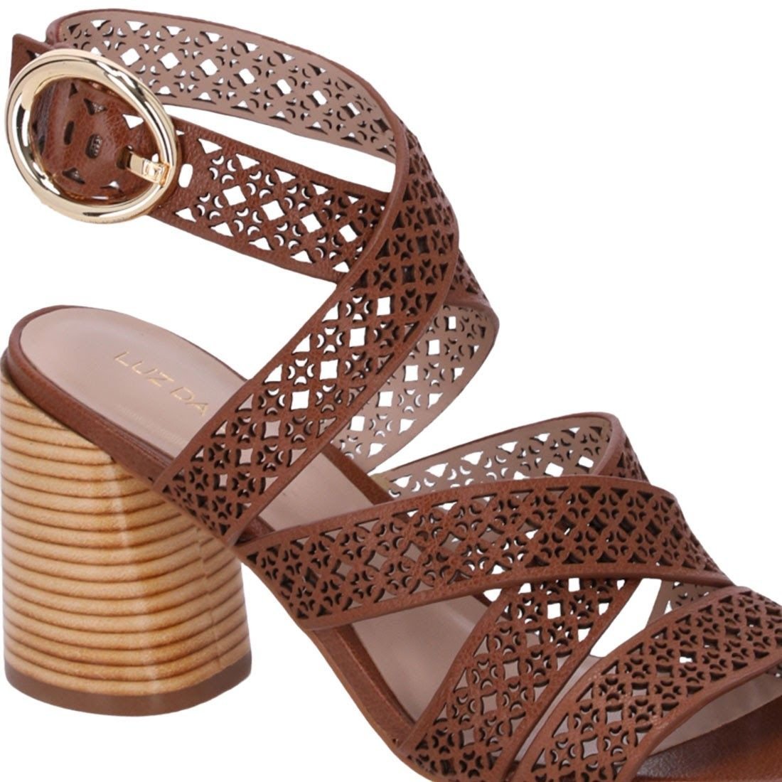 Sandália Luz da Lua com Salto Alto Grosso Vazado Marrom 4