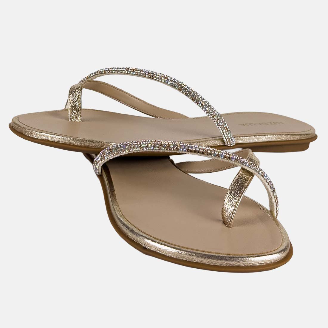 Chinelo Luz da Lua Rasteira Tira Fina com Brilho Dourado 5