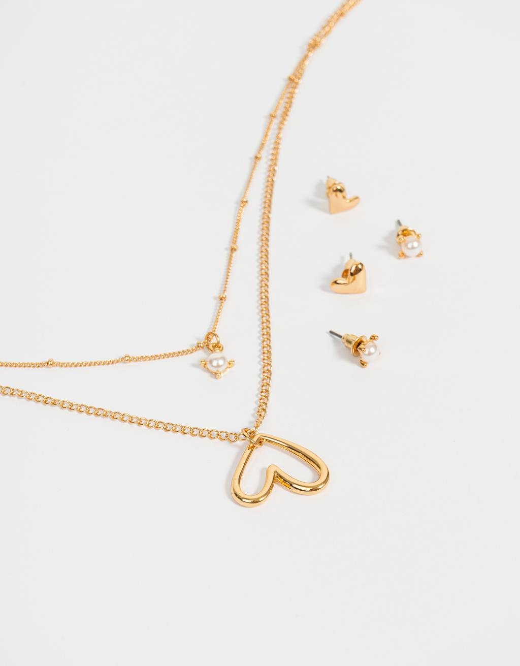 Kit Colar e Brincos de Coração Folheado a Ouro