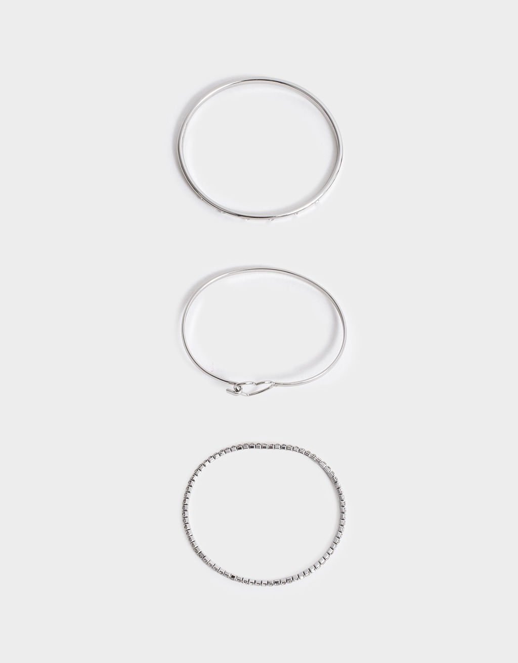 Kit 03 Pulseiras Rígidas Prateadas Strass Boho