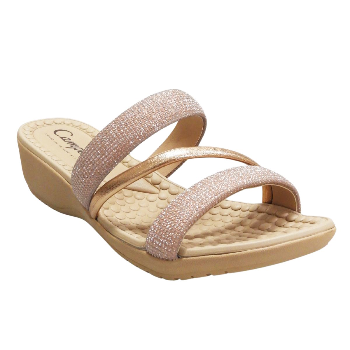 Campesi Tamanco Casual Feminino Brilho Salto Anabela Bege 5