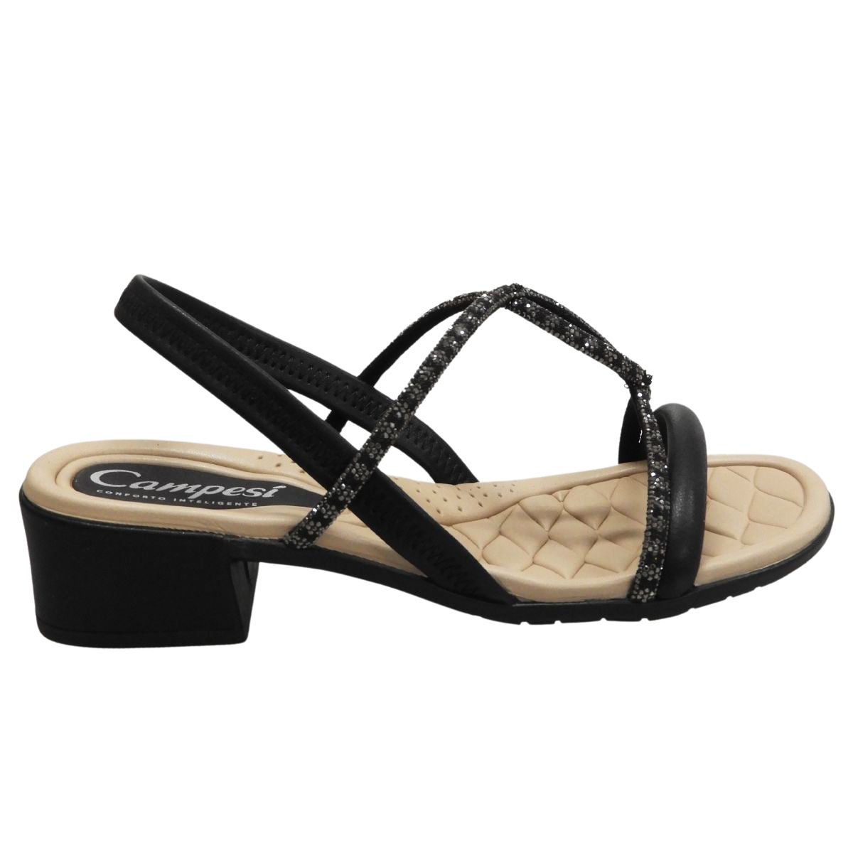 Campesi Sandalia Feminina Brilho Salto Bloco Calce Facil Preto 1