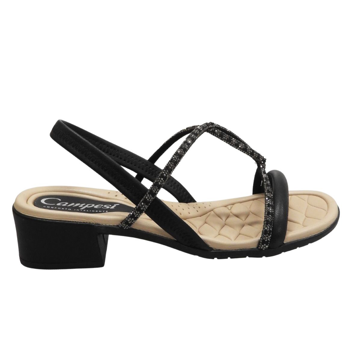 Campesi Sandalia Feminina Brilho Salto Bloco Calce Facil Preto 6