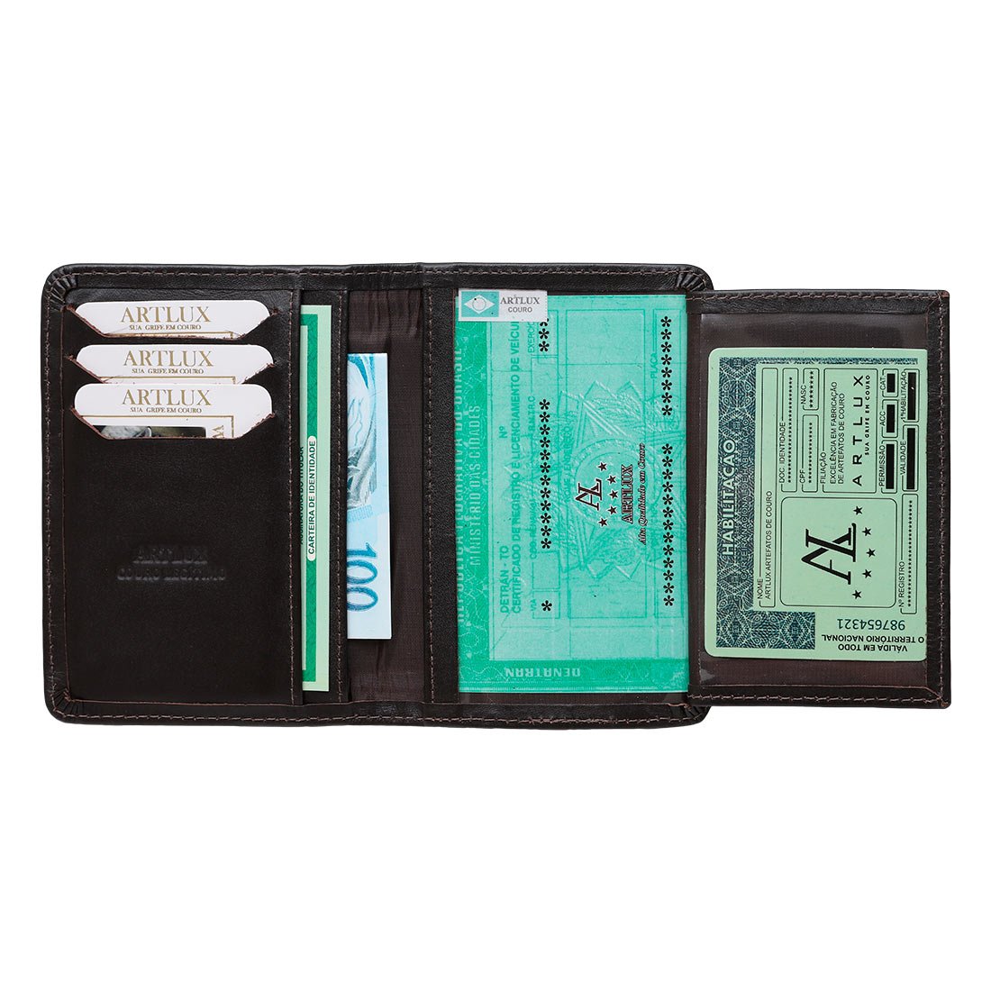 Carteira Artlux em Couro para Documentos de Carro e RG 8003 Café 2