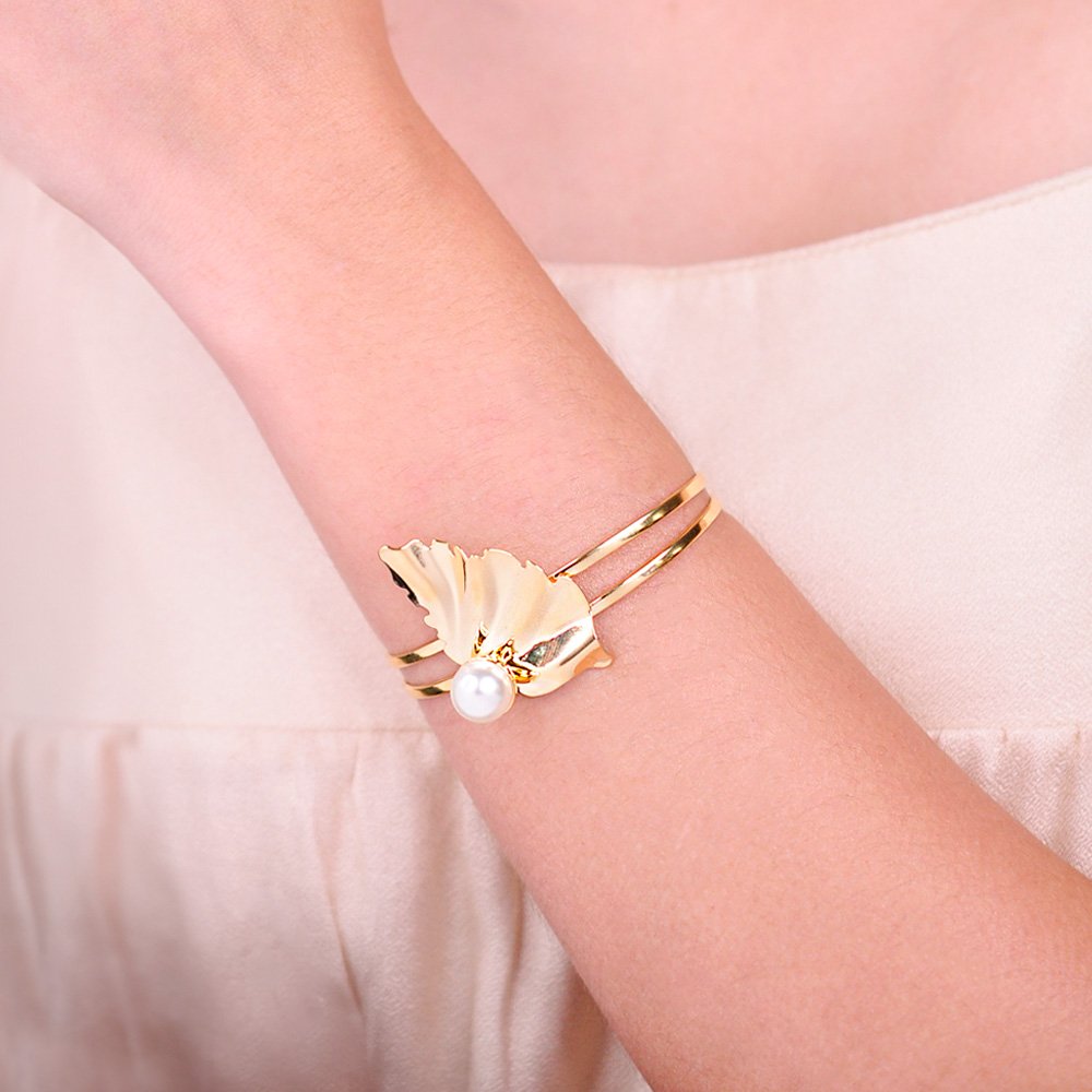 Bracelete Semijoia Lira Leque Perola Dourado Dourado 2