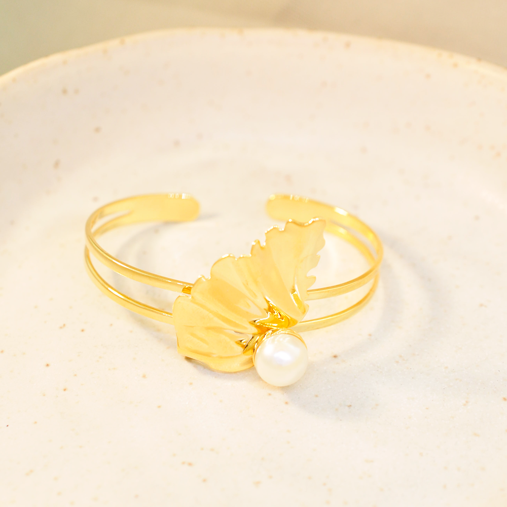 Bracelete Semijoia Lira Leque Perola Dourado Dourado 3