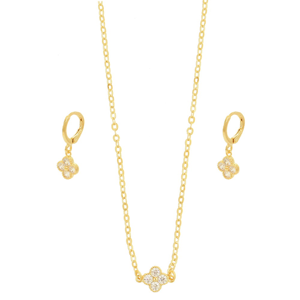 Conjunto  Semijoia Trevo Cristal Dourado Pri Acessorios