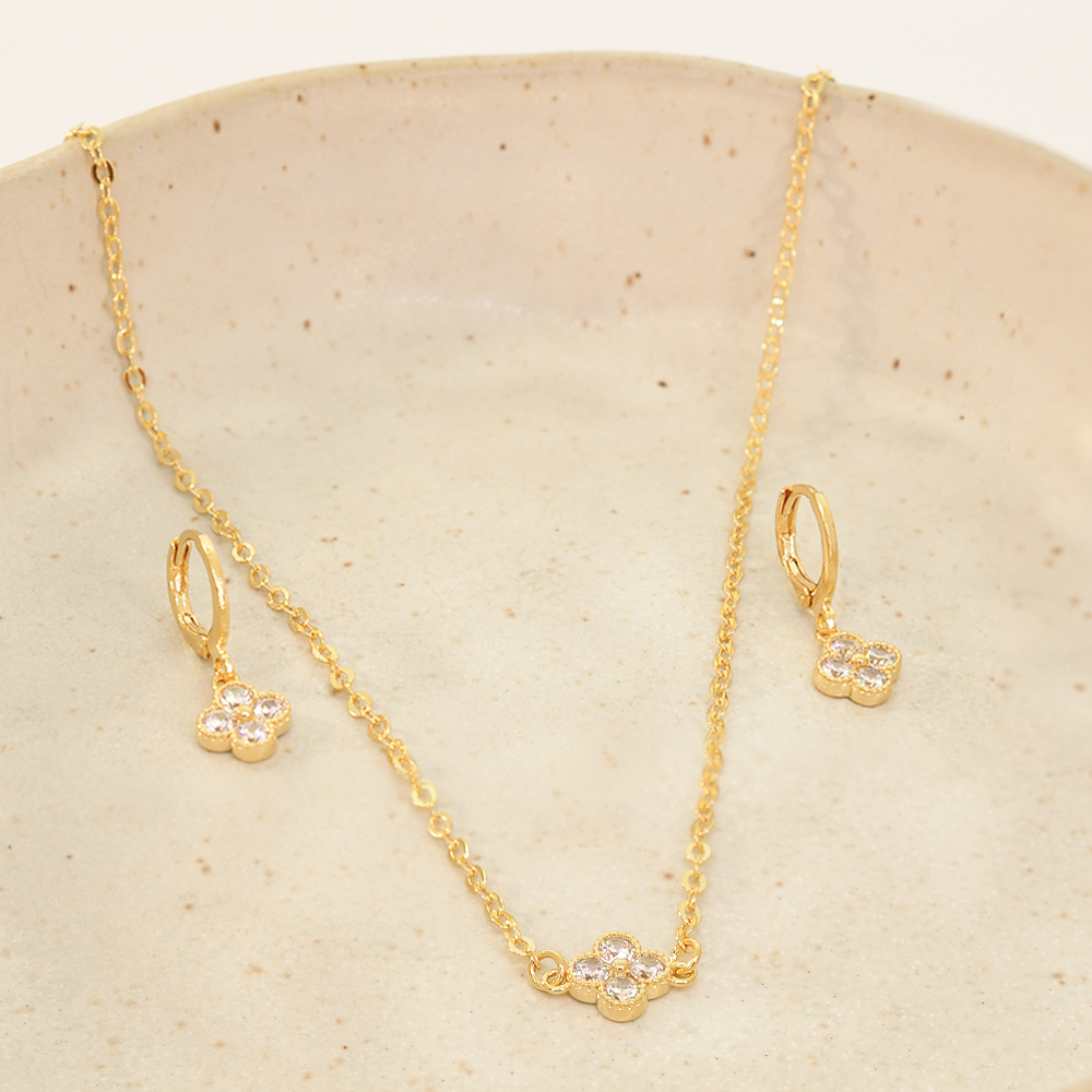 Conjunto  Semijoia Trevo Cristal Dourado Pri Acessorios Dourado 2