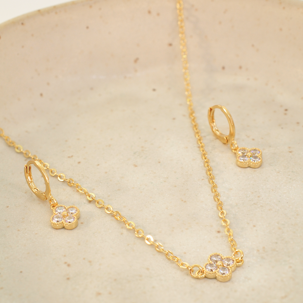 Conjunto  Semijoia Trevo Cristal Dourado Pri Acessorios Dourado 3