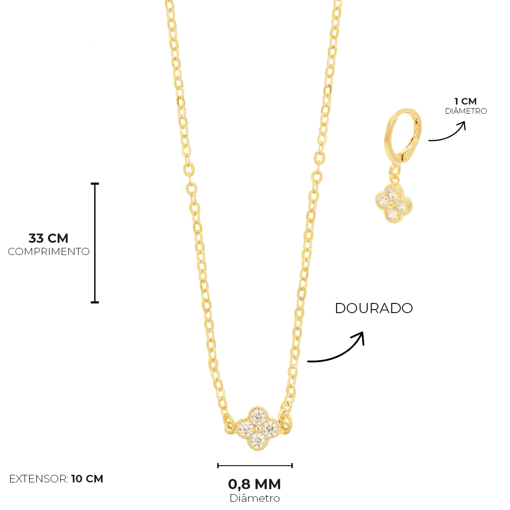 Conjunto  Semijoia Trevo Cristal Dourado Pri Acessorios Dourado 4