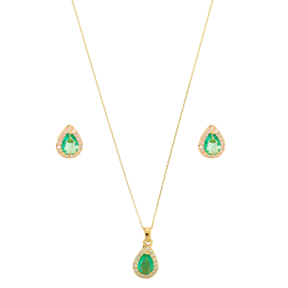 Conjunto Semijoia Gota Verde Dourado Pri Acessorios