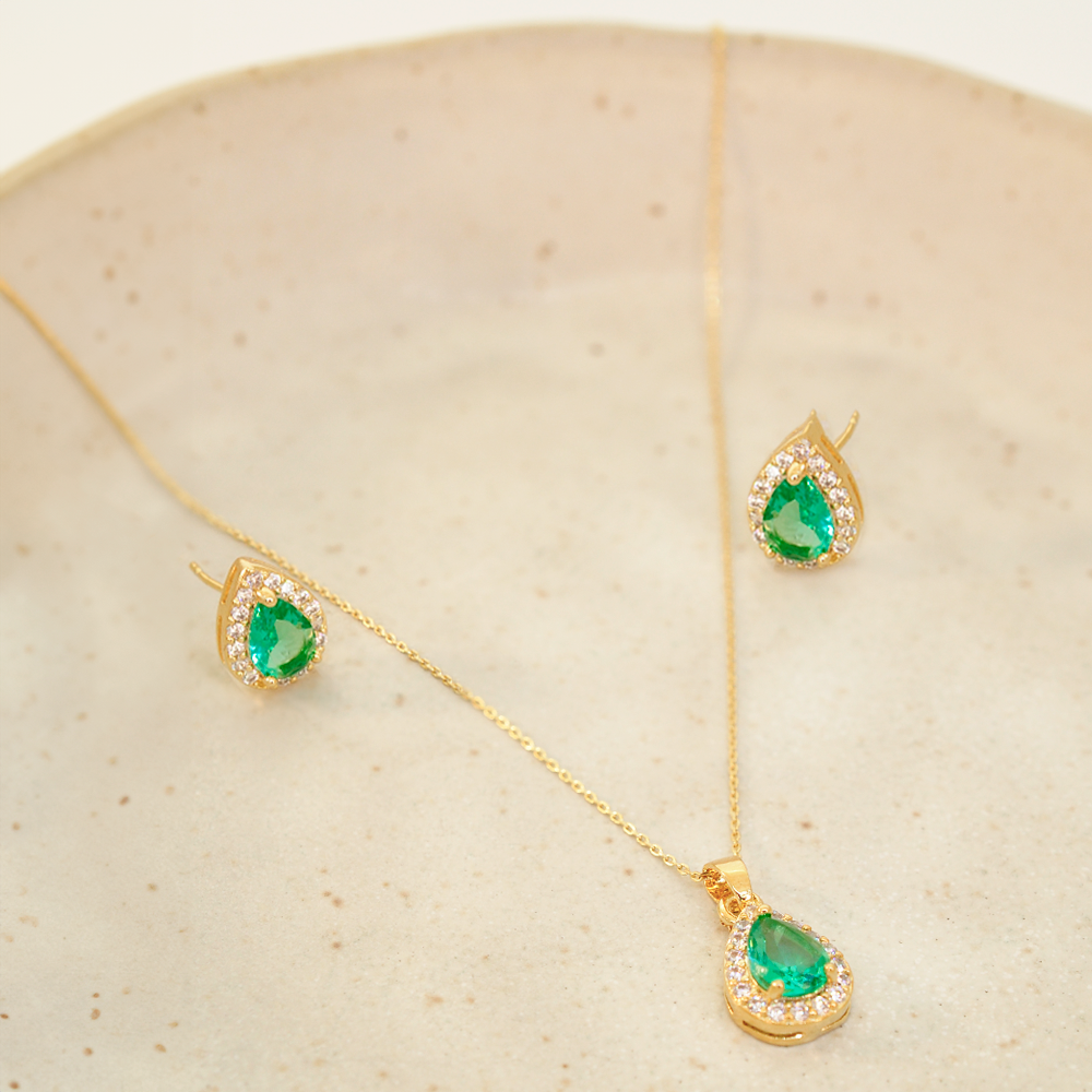 Conjunto Semijoia Gota Verde Dourado Pri Acessorios Dourado 2