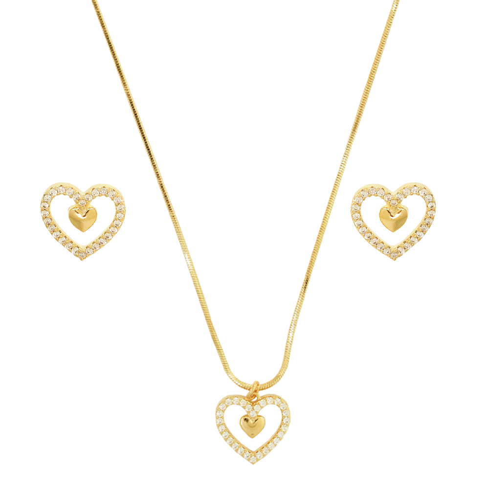 Conjunto Semijoia Coracao Cravejado Dourado Pri Acessorios