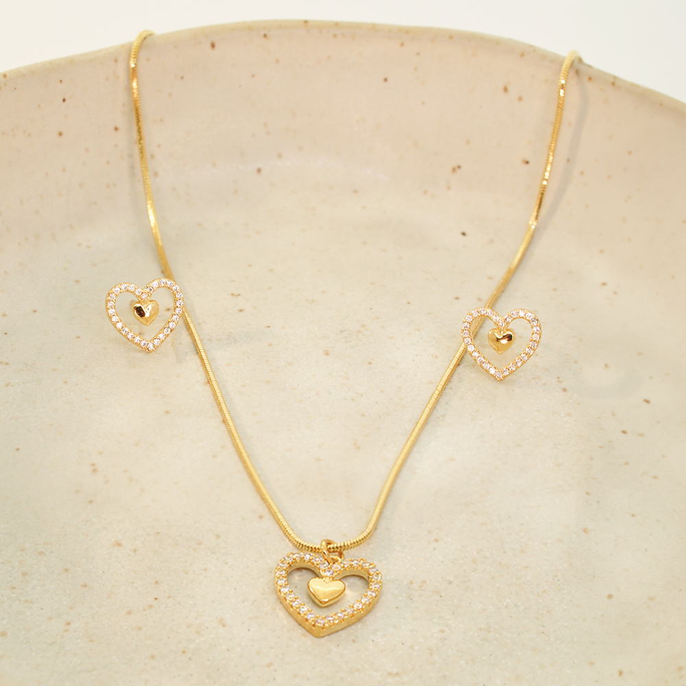 Conjunto Semijoia Coracao Cravejado Dourado Pri Acessorios Dourado 2