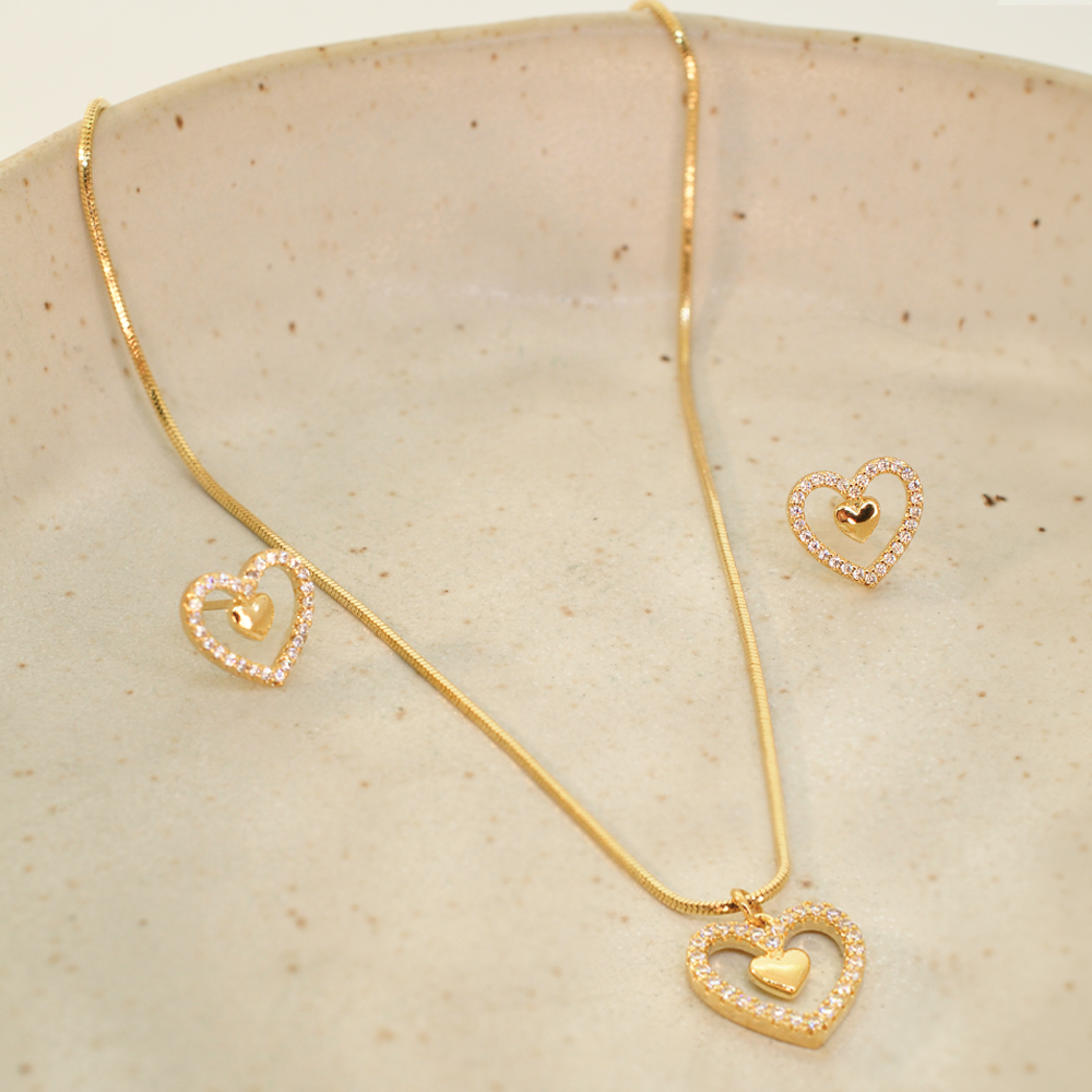 Conjunto Semijoia Coracao Cravejado Dourado Pri Acessorios Dourado 3